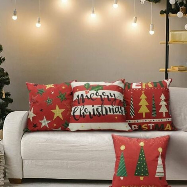 Julkuddfodral, 18 x 18 tums linnekuddfodral Juldekorationer till soffa Bäddsoffa Röd Heminredning Set med