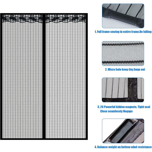 Svart magnetisk fönsterdörr, magnetisk skärmdörr, självhäftande mesh , ultrafint mesh, automatiskt stängd, enkel verktygsfri installation