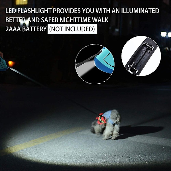 Uttrekkbar hundebånd 5 m med LED-lommelykt for små, middels store hunder, uttrekkbart bånd for nattturer
