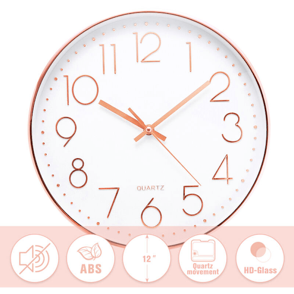 12" rund Silent Quartz väggklocka i roséguld på vitt - Batteridriven elegant svart ram.