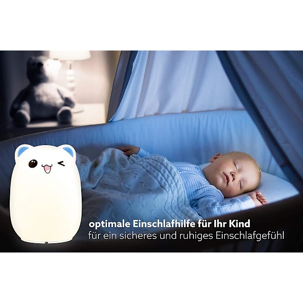 LED børnenatlampe, USB genopladelig, blød silikone touch snooze lys, farveskiftende natlampe, blå fræk bjørn. Klap lys