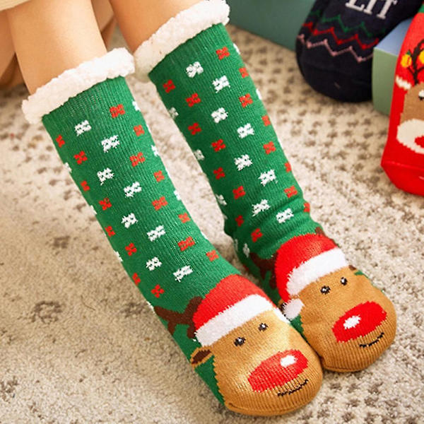 Unisex tøflerstrømper juleplys julefleecestrømper Green