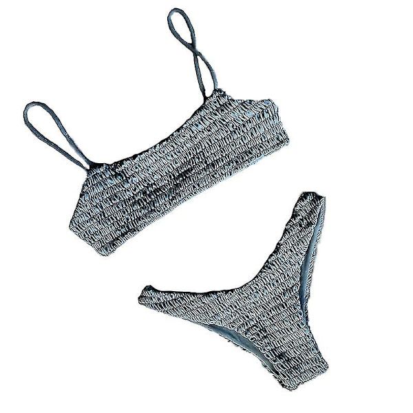 Kvinder Sommer Crinkle Bikini Sæt Plain Badetøj Badedragt Blue M