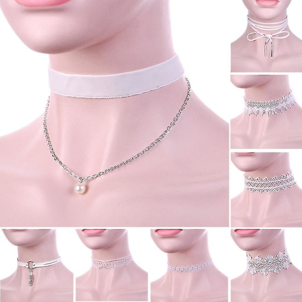 8pieces Choker Halskjede Sett Stretch Velvet Classic Gothic Tattoo Lace Choker