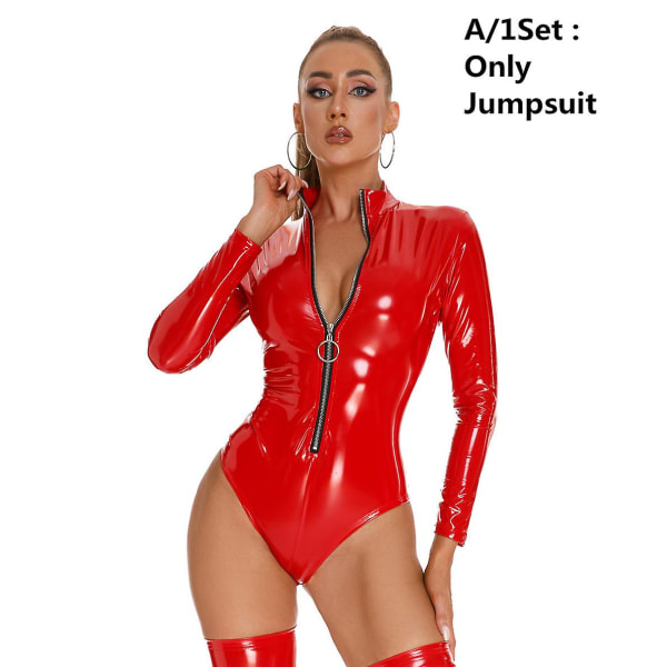 Het kattsuit i konstläder Erotiska kvinnor Sexiga underkläder PVC Latex bodysuit Front Dragkedja Bodycon Jumpsuits med strumpa Stretch Red-A L