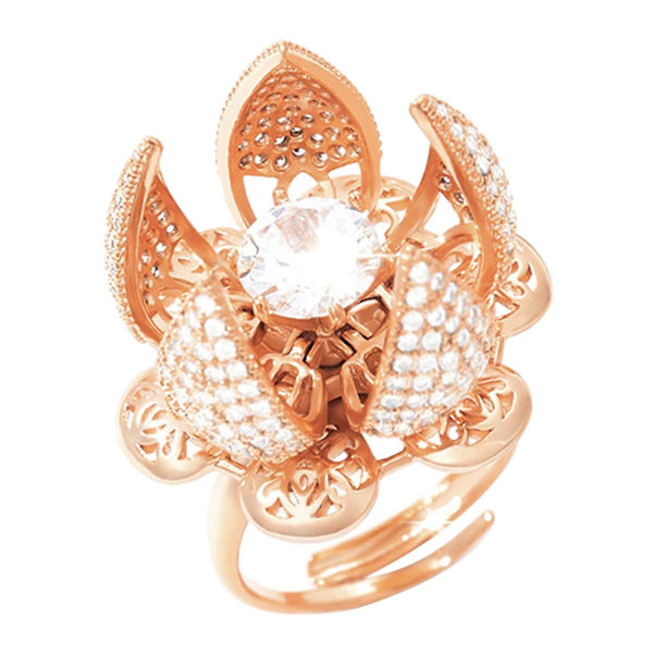 Kvinner Hul Åpen Ring Åpning Lukke Blomst Zircon Roterende smykkegave Rose Gold