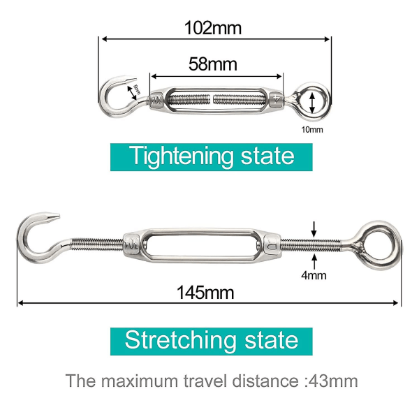 12 stk M4 strammer wire strammer Krok og øye strammer 304 rustfritt stål strammer Heavy Duty tauspenning