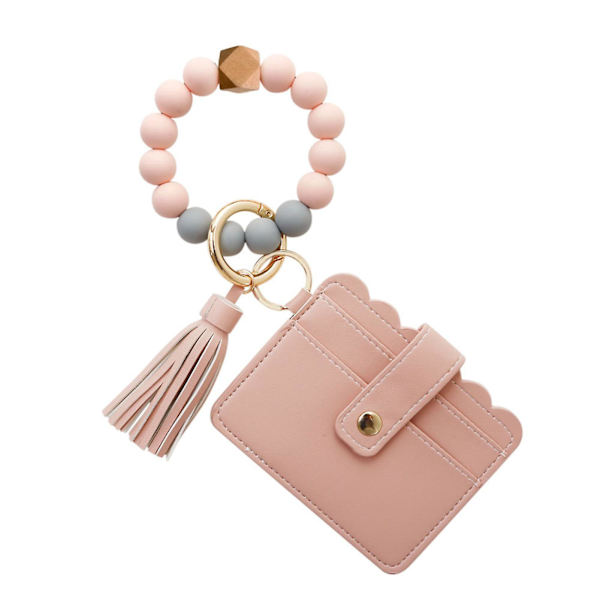 Silikone perlearmbånd nøglering kort taske armbånd nøglering med kortholder Holdbar og bærbar Pink