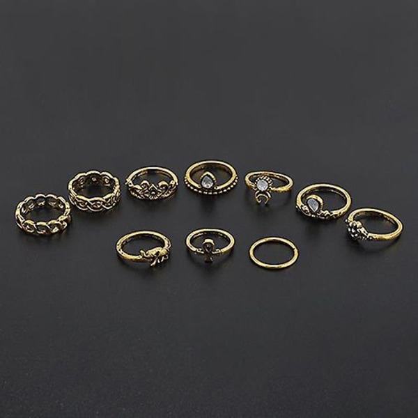 10kpl/ set Retro Boho Elephant Flower Moon Bove Knuckle Midi Finger Ring Korut Gold