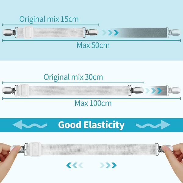 8 stk (15 cm til 60 cm) lakenbåre, justerbar festelakensklips, holdebårer passer til alle senger, madrass og sofa (hvit)