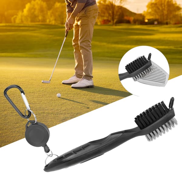 Monitoiminen golfmailan puhdistusharja, jossa on nylon- ja teräsharjakset