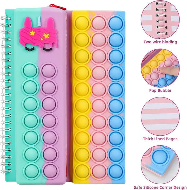 UBIUO Pop Notesbog Penalhus, Fidget Push It Bubble Legetøj Penalhus Notesbog 2 i 1 Design, Regnbue Stressaflastende Spiralnotesbøger A5 Kontor Skole