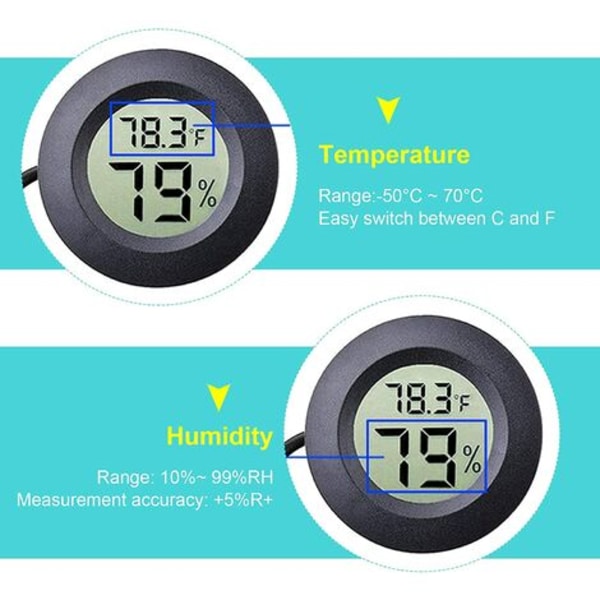 2 Pack Mini Digital Kosteusmittari Lämpömittarit, LCD-näytön kosteusmittari ja mittapää akvaariolle, Matelija, Kilpikonnahäkkisäiliö (B)