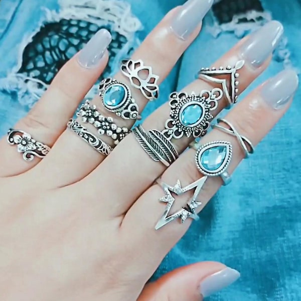 11 stk Kvinder Retro Hul Rhinestone Knuckle Midi Fingerspids Stabling Led Ring