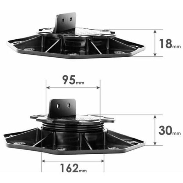 10x JUSTERBAR PIEDESTAL FRA 18 TIL 32 MM TIL TRÆ OG KOMPOSITTERRASSE - Sort