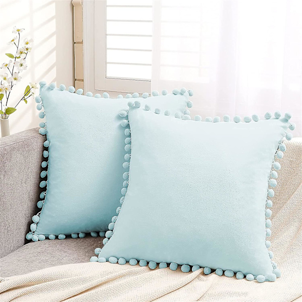 2 samettityynyn set pomponeilla Yksiväriset tyynynpäälliset Koristetyynyt Tyynyt Istuintyynyt Koristetyynyt Sohvan tyynyt sohvalle Light Blue
