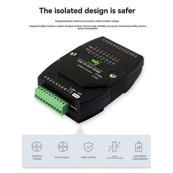 Industriel UART USB til 8CH RS485 Isoleret Konverter til 35mm Standard Skinne og Stabelbar Installation Black