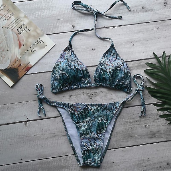 Kvinder sexet bikini-strengsæt polstret Push Up-badetøj Snakeskin Blue S