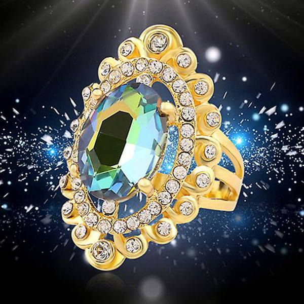 Kvinnor Regnbågsfärg Big Ellips Glas Strass Hollow Party Ring presentsmycken 19mm