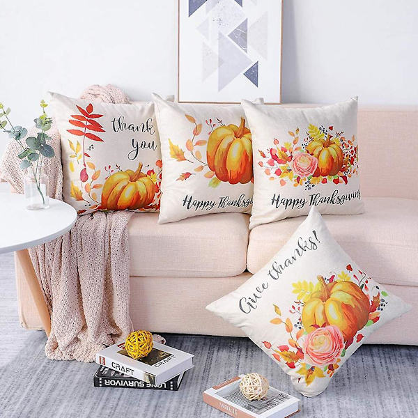 Høstputetrekk 45*45 cm For Høstdekor Sett med 4 Høsthøst gresskartema Farmhouse Pynteputetrekk til Sofa Sofa Hjemdekoratio Pumpkin Theme