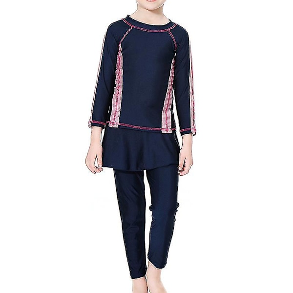 3st/ set Modest Burkini Badkläder Barn Flickor Muslimska Islamiska Cap Strandkläder Navy Blue 7-8 Years