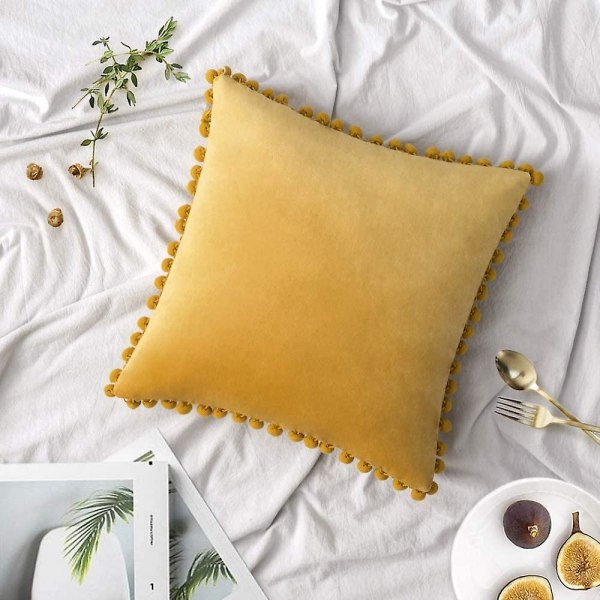 Set med 2 kuddfodral i sammet Dekorativa örngott Pompom Pompom Kuddar Mjuka Och Rejäla Med Fyrkantiga Poms För Soffa Sovrum Soffa 45x45cm 22 x22 Gold