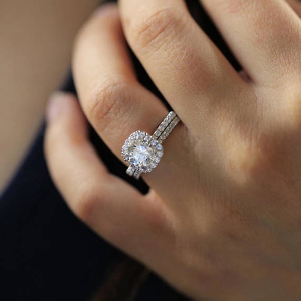 2 stk/sæt Luksus Kvinder Forlovelse Bryllup Rhinestone Indlagt stabling Ring smykker US 8
