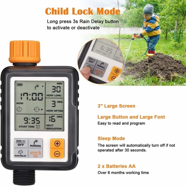 Automatisk vandingstimer til haven, udendørsvandingstimer, sprinklertimer med stort LCD-display,