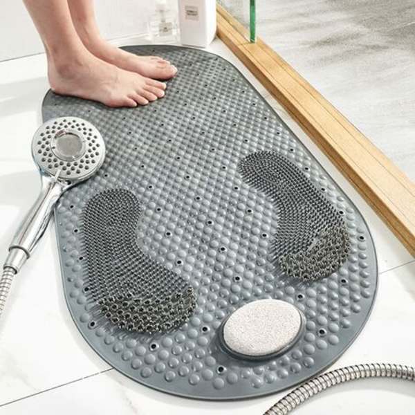 Sklisikker dusjmatte med avtagbar pimpstein, stor dusjmatte med sugekopper og avløpshull, badekarmatte for Flo