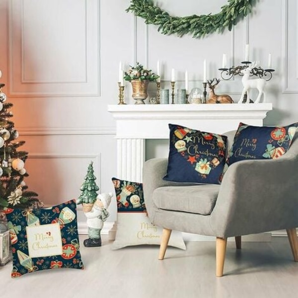 Julkuddfodral 18 x 18 tum, Marinblå Vinterferiedekor Örngott, Julkuddfodral för heminredning Set med
