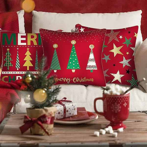 4stk God Jul Dekorativt Putetrekk Juletrestjerne Rødt Putetrekk Firkantet Home Decor