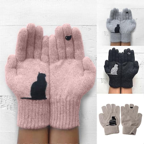 Kvinnor Helhandsvantar Vinter Söt Tecknad Patchwork Stretchiga Stickade Termiska Handskar Imitation Ull Korta Handvärmare ROSA