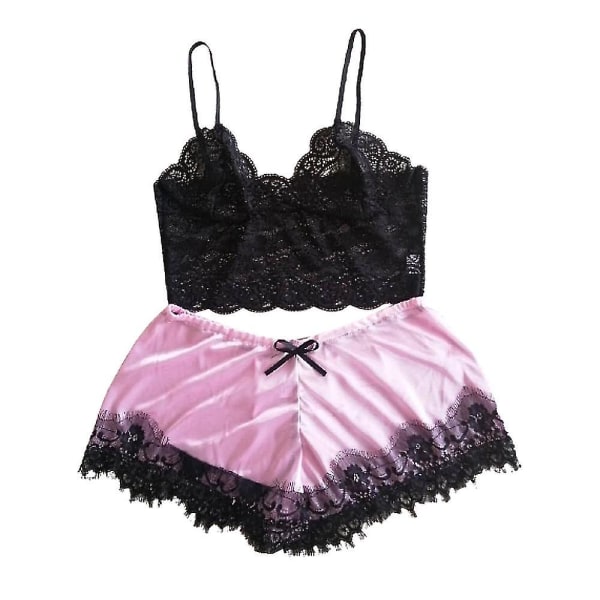 Naisten Pitsi Yöasut Sleepwear Cami Topit + Shortsit Lingeri Black and Pink L