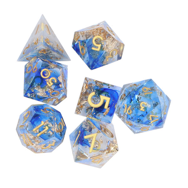 7 st polyedriska harts tärningsset klara siffror blå guld RPG samlarobjekt present