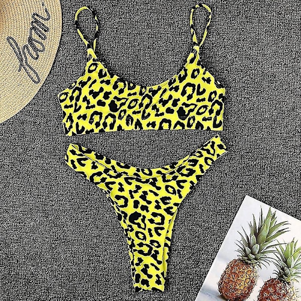 Kvinnor Leopard Print Thong Bikini Set Vadderat Green M