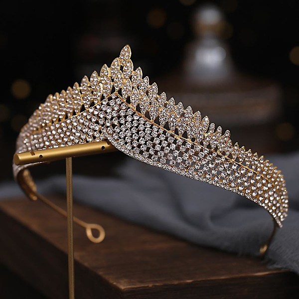 Brudekrone Hodeplagg Luksus Rhinestones Innlagt pannebånd for kvinnelig bryllupsbursdagshår Gold