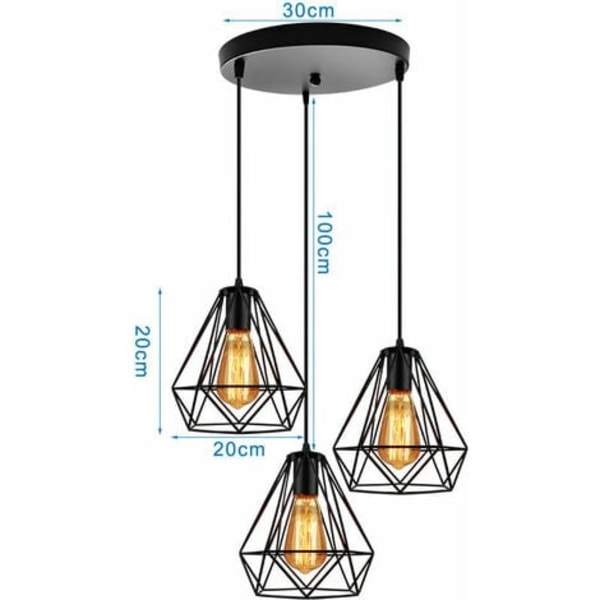 Industriel diamantbur pendel lysekrone Ø20cm sort, lysekrone skærm Loftsbelysning 3 Edison E27 baselampe til Liv