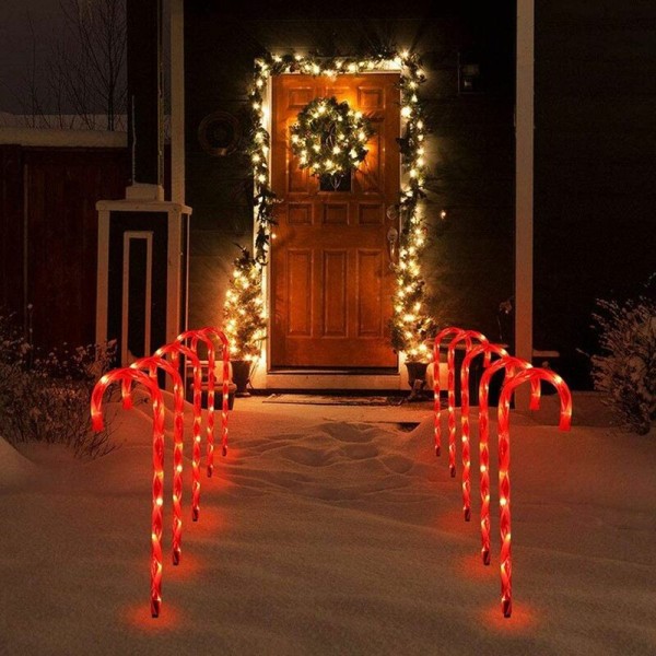 Julepynt utendørs lys, sett med 10 LED Candy Cane lys, jule Candy Cane Path Lights LED hagelys