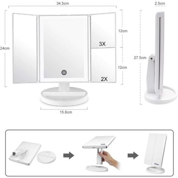 Makeup spejl med LED lys og berøringsskærm, 1X/2X/3X forstørrelse, 180° justerbar rotation, bordspejlbatte