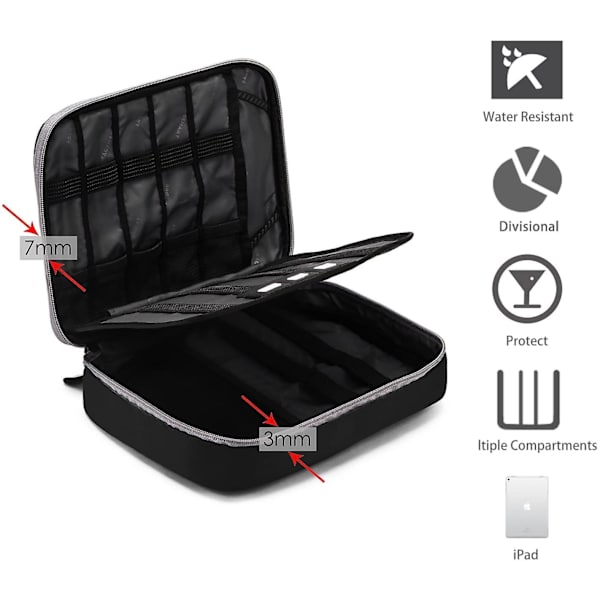 Universal reisekabelorganisering Elektronikktilbehør Bæreveske for 9,7 tommers Ipad, Kindle, strømadapter Black and Grey