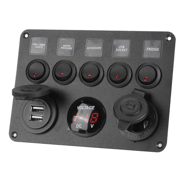 5-veis LED-vippebryterpanel med digital voltmeter, universell for bobil, bil, motorbåt