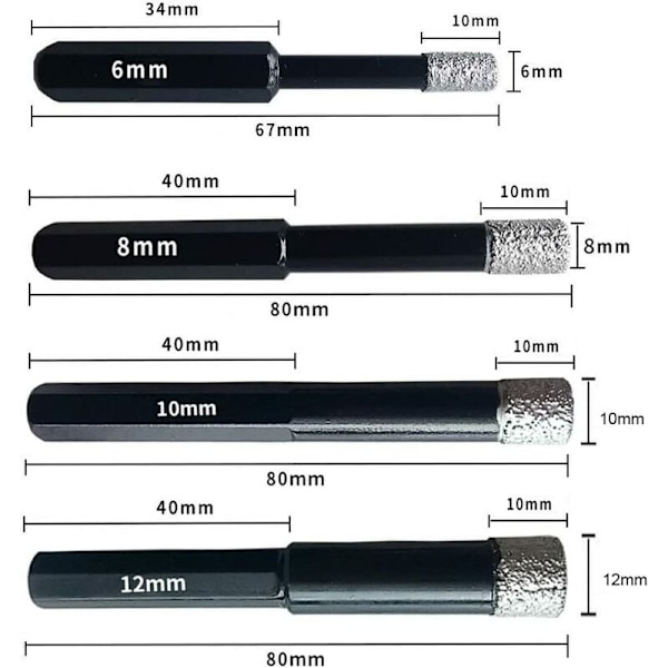 Sekskantskaft keramisk tørbor 6mm+8mm+12mm+10mm diamantbor hardwareværktøj velegnet til værktøjsrum