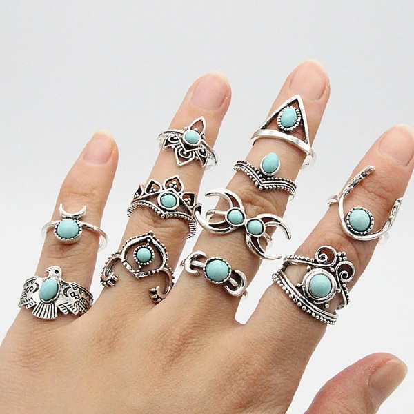 11 st ihåliga fjäder staplingsbara knogringar Etnisk stil Blomma Faux Gem Finger Ringar Smycken Tillbehör