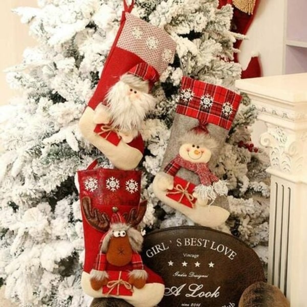 Pakke julestrømpe Julenissen snømann reinsdyr 3D plysj julekarakter med fuskepelsskorsteinsstrømpe