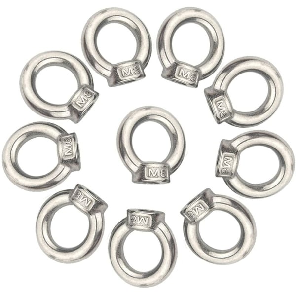 M8 Løfteøyemutter 10 stk 304 Øyemutter i rustfritt stål Sølv Kvinne Ringmutter Festemiddel Gjenget Mutter Løftering Øye B