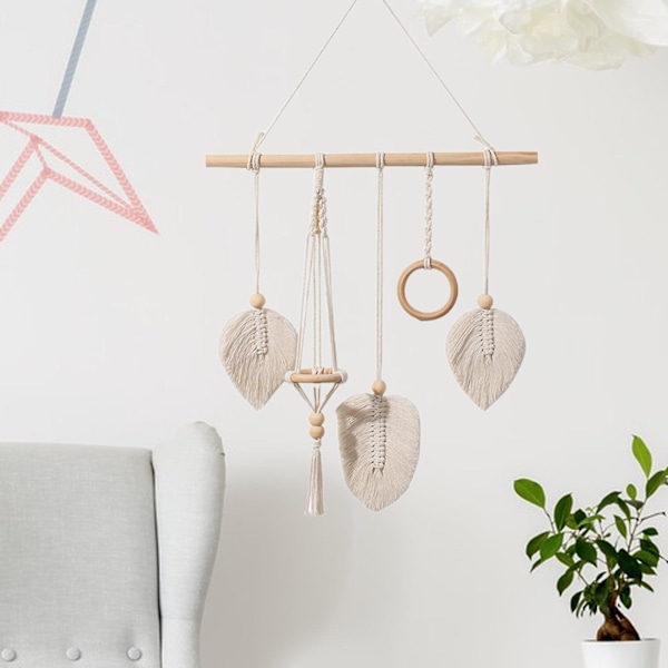 Macrame Tapestry Boho Woven Beige Leave Design Makrameen ripustettava sisustus lastenhuoneeseen