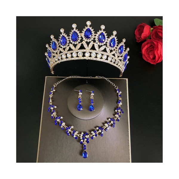 Bröllopsbröllops tiaror Crown Set med örhängen Kit & Necklack Handgjorda lyxiga Crystal hårtillbehör Blue