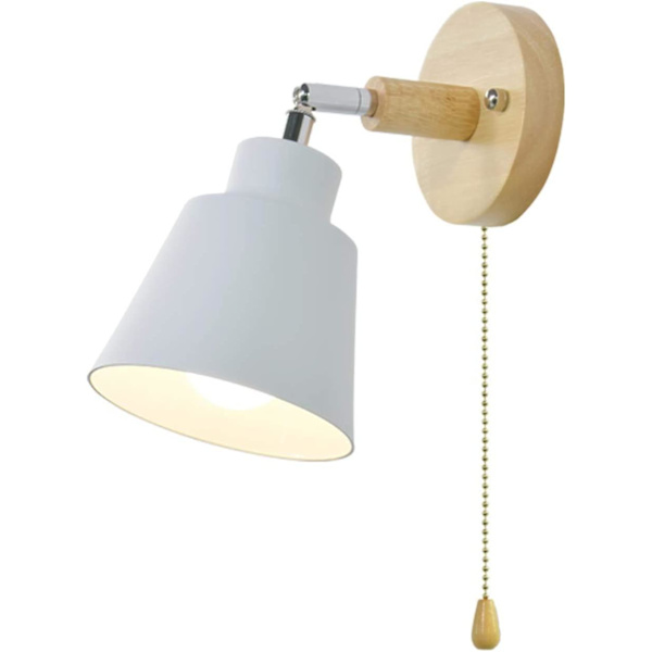 Vägglampa inomhus i trä med strömbrytare, vridbar vägglampa i aluminium för bar, sovrum, kök, restaurang, café, korridor, E27, vit