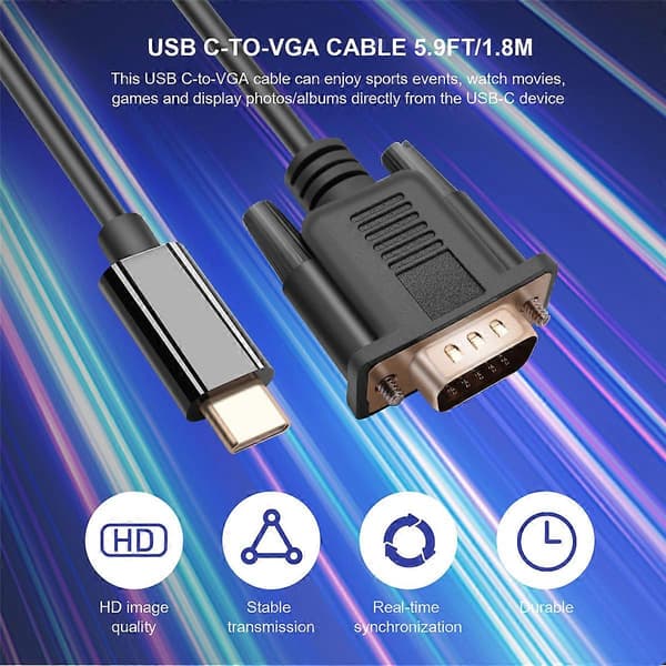 USB C - VGA-kabel 1,8 m, USB Type C til VGA-kabel, velegnet til USB 3.1-enheder - Passer til