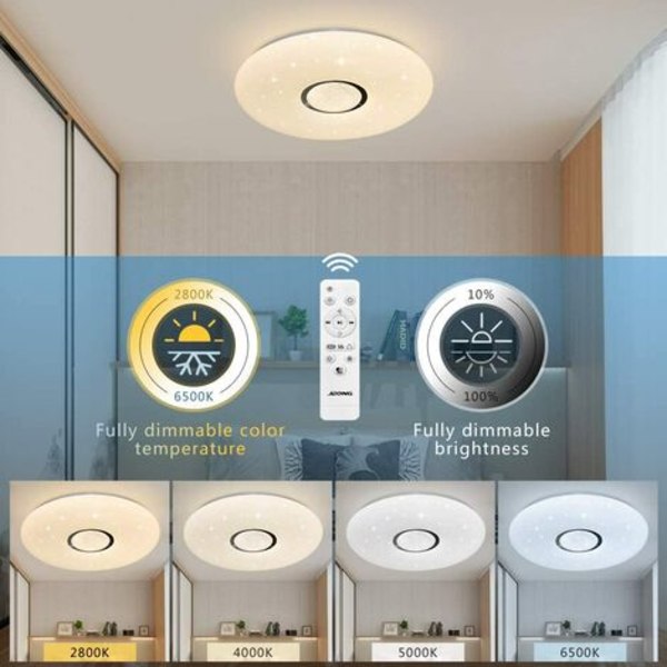 LED-taklampe med Bluetooth-høyttaler og fjernkontroll 36W, dimbar, 2800-6500K, IP44 vanntett (uten app forts.